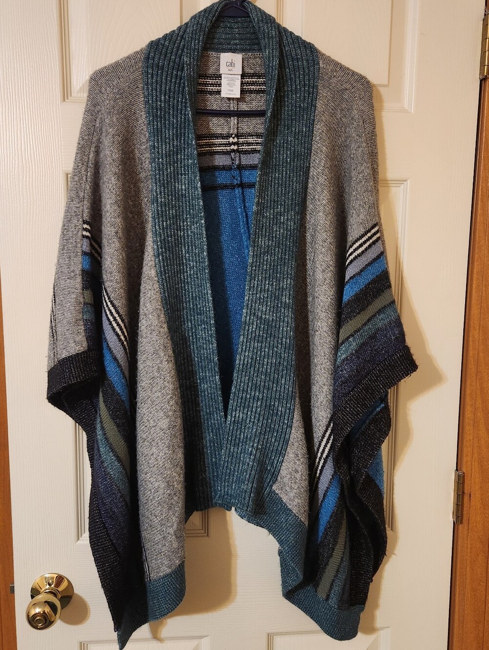 Cabi Women Striped Knit Open Poncho Cape Shawl Kimono M/L Green Blue Gray